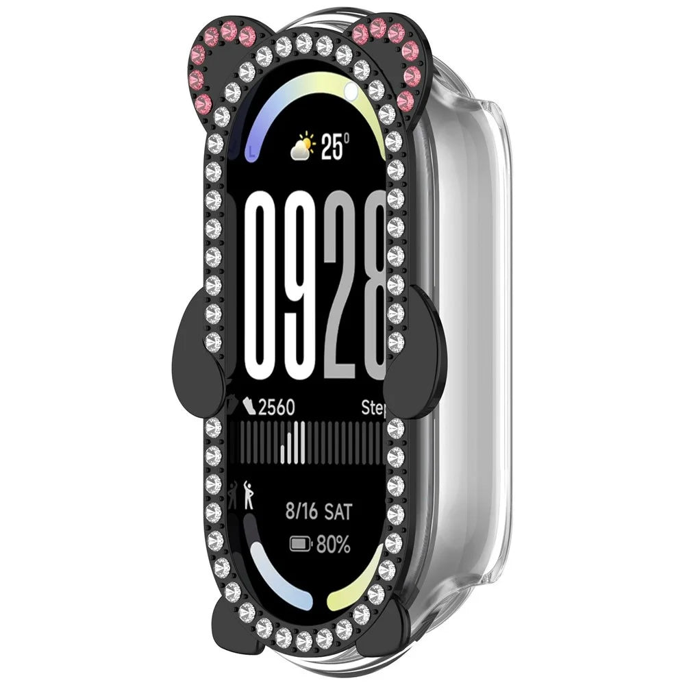 Watch Case For Xiaomi Smart Band 10 / 10 NFC Rhinestones Bear Design PC Zinc Alloy Semi-Enclosed Hollow Protective Cover - Transparent Black - 2