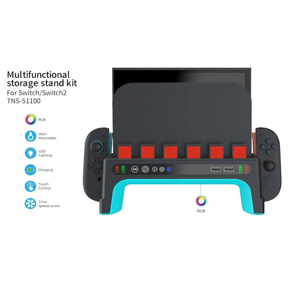 DOBE FOMIS ELECTRONICS TNS-51100 For Nintendo Switch 2 / Switch Console Dock Cooling Fan Controller Charging Stand with RGB Lights Game Card Storage - Black - 7
