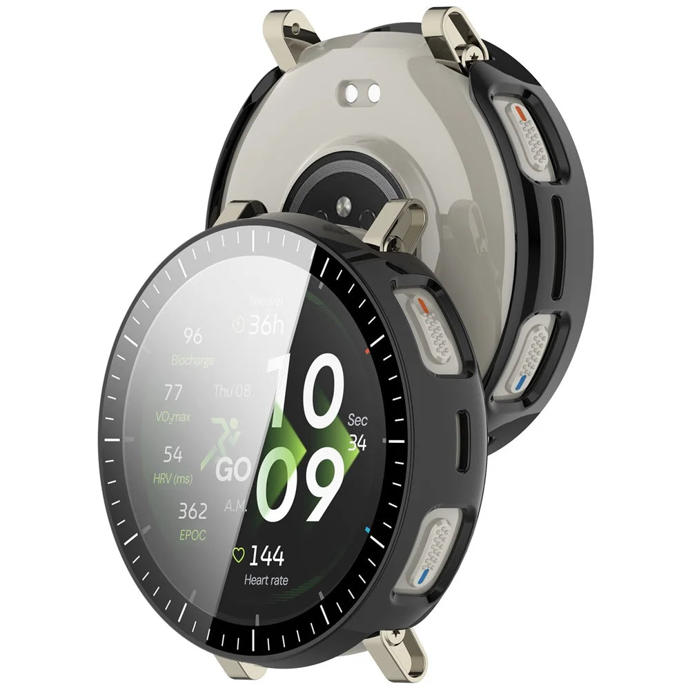 For Huami Amazfit Active 3 Premium Case Hard PC Watch Protective Cover with Tempered Glass Film - Glossy Black - 6