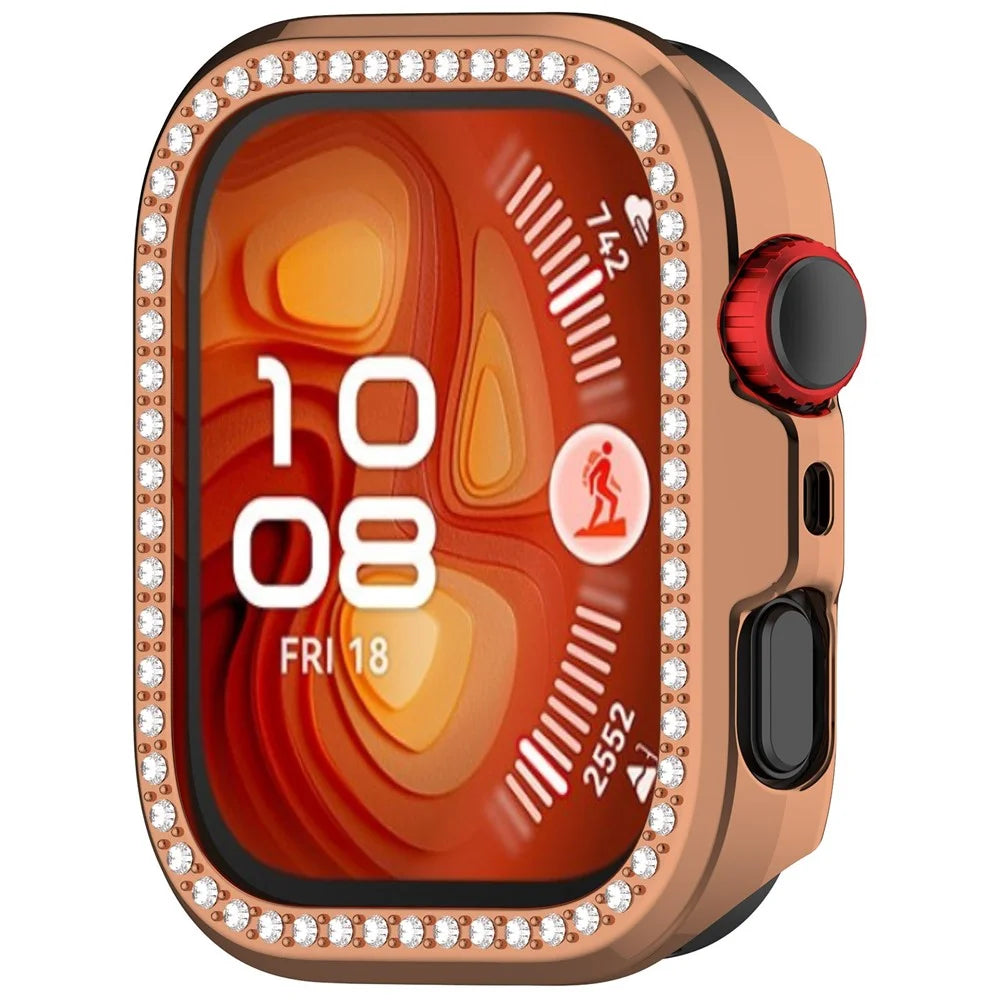 For Huawei Watch Fit 5 Pro Case Rhinestones Decor Clear PC Watch Frame Half Cover - Electroplated Rose Gold - 2