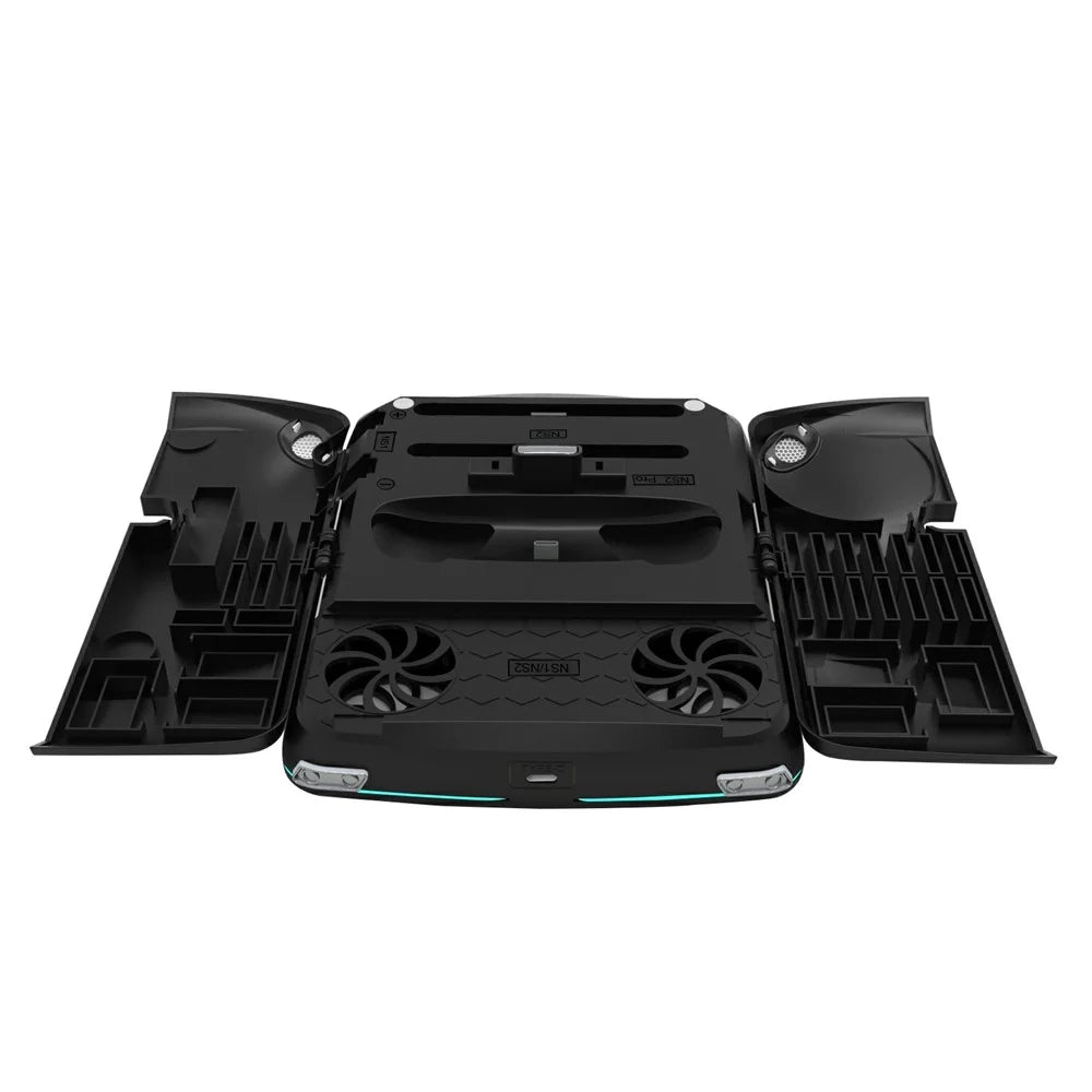 KJH-NS2-569 Multi-Functional Cooling Charging Stand for Nintendo Switch 1 / OLED / 2 Gaming Console Charger RGB Light Game Card Storage Stand - Black - 5