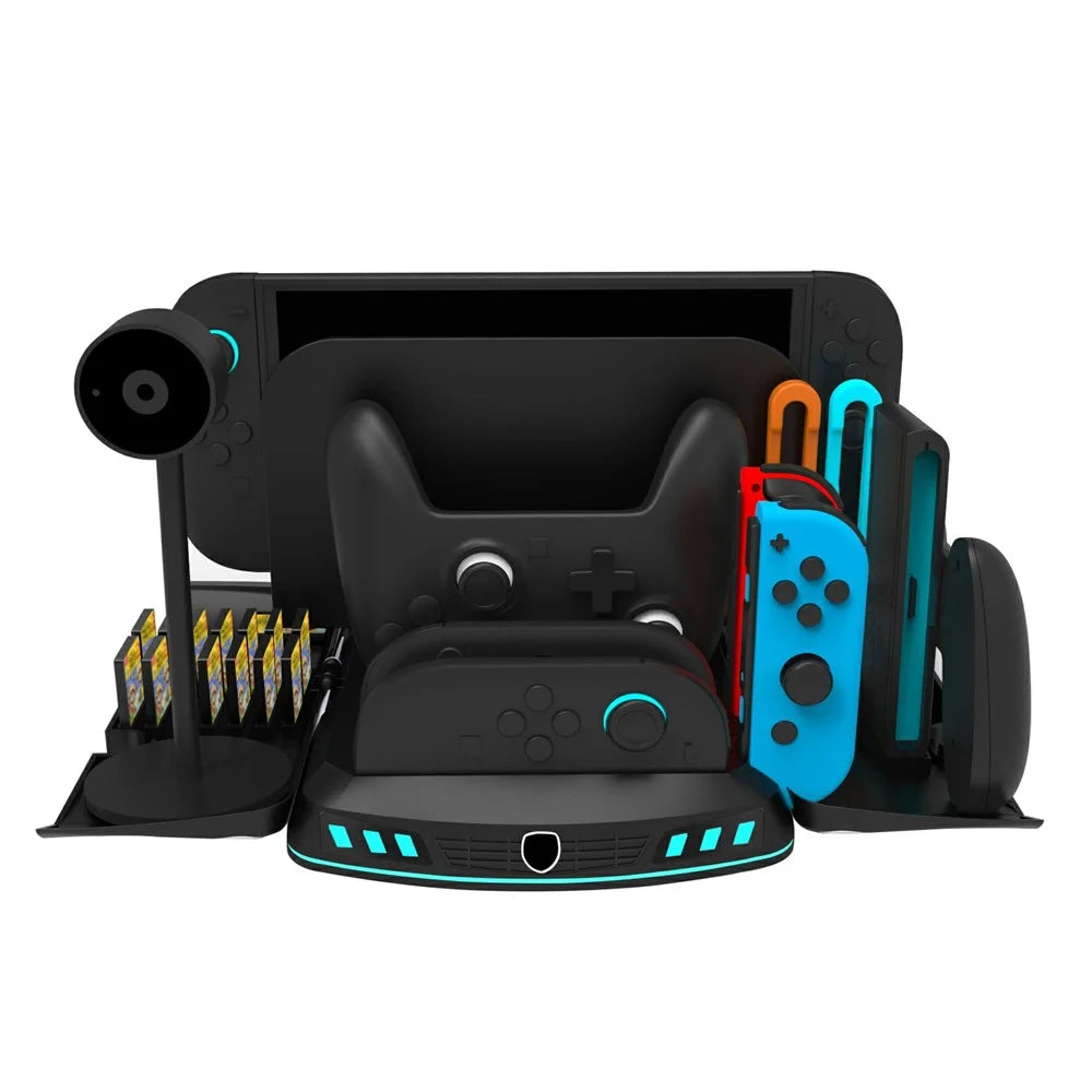 KJH-NS2-569 Multi-Functional Cooling Charging Stand for Nintendo Switch 1 / OLED / 2 Gaming Console Charger RGB Light Game Card Storage Stand - Black - 6