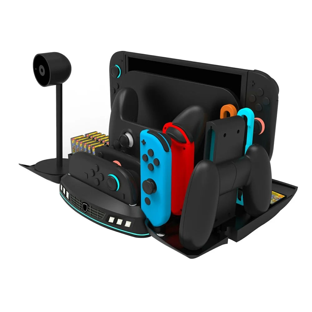KJH-NS2-569 Multi-Functional Cooling Charging Stand for Nintendo Switch 1 / OLED / 2 Gaming Console Charger RGB Light Game Card Storage Stand - Black - 7