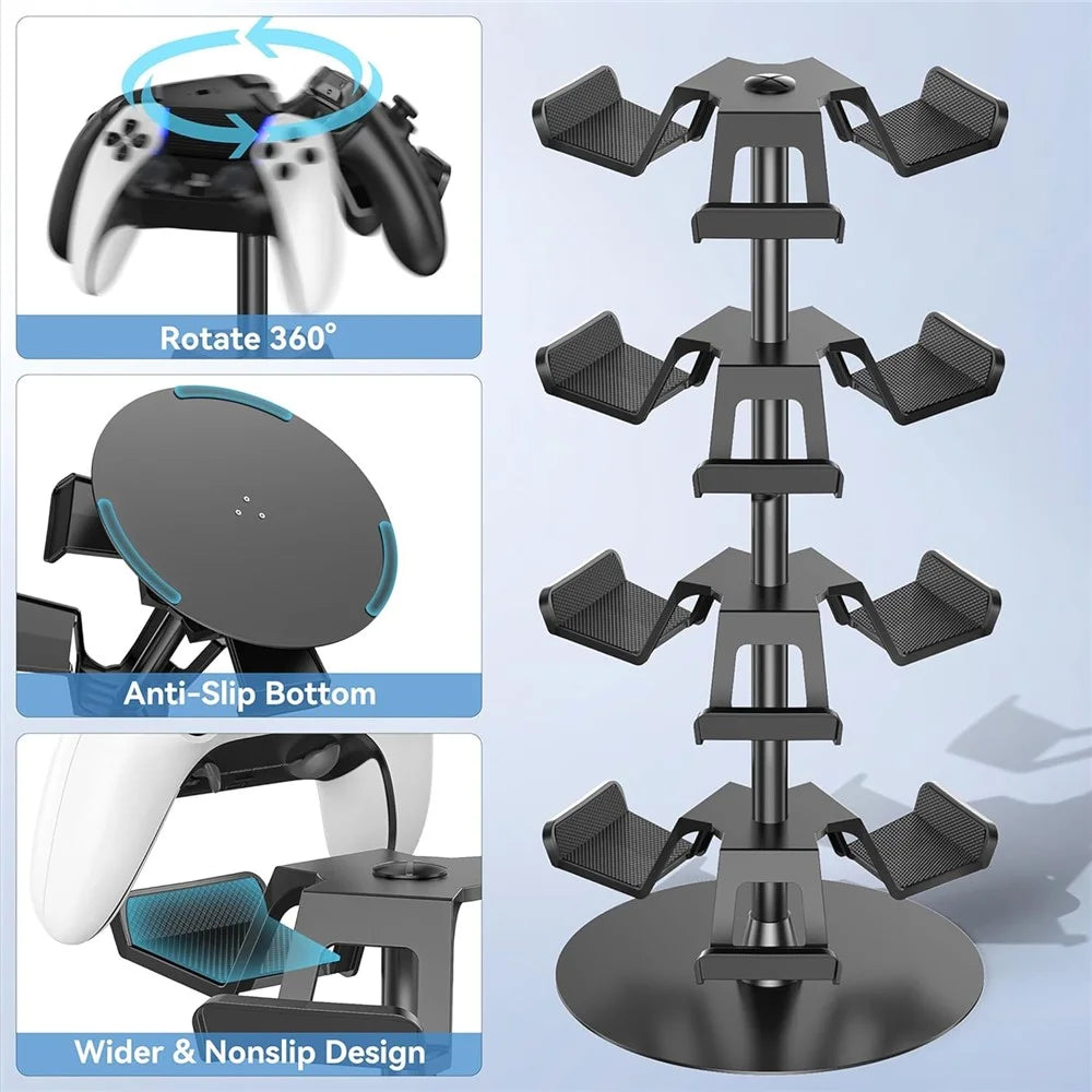 8002 4-Tier Game Controller Stand for Xbox / PS5 / Nintendo Switch 360 Degree Rotating Multi-Functional Gaming Controller & Headphone Holder - Black - 6