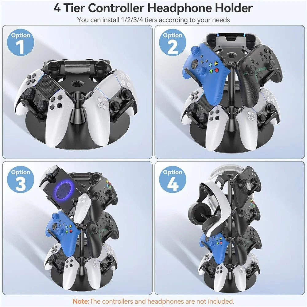 8002 4-Tier Game Controller Stand for Xbox / PS5 / Nintendo Switch 360 Degree Rotating Multi-Functional Gaming Controller & Headphone Holder - Black - 7