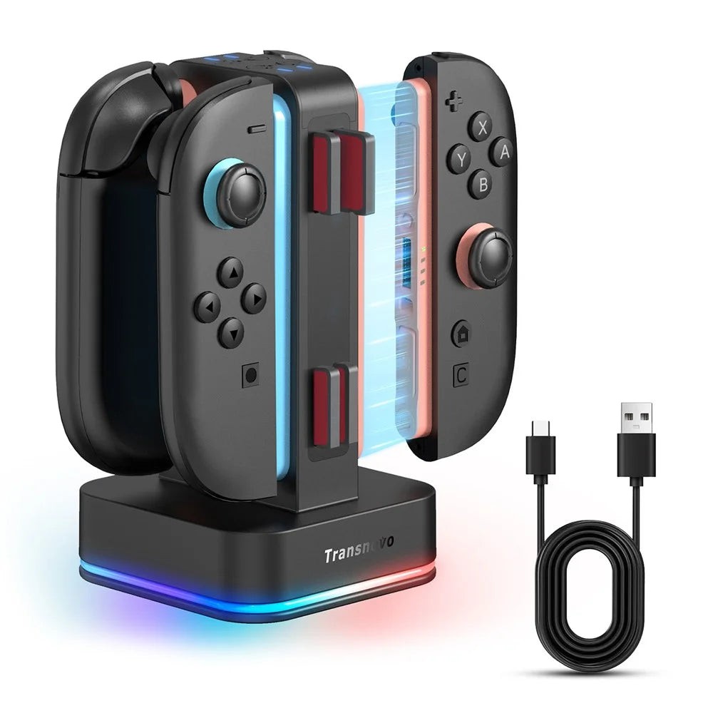 TRANSNOVO S73-003 4-in-1 Charging Dock for Nintendo Switch 2 Joy-Con Controllers RGB Lighting Game Card Storage Charging Station - Black - 1