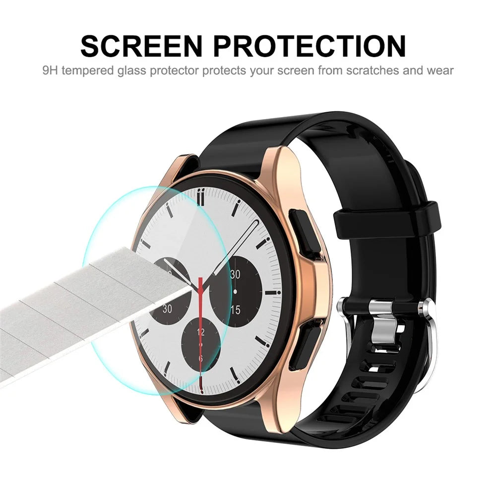 ENKAY HAT PRINCE 2-in-1 0.2mm 2.15D 9H Tempered Glass Screen Film with Electroplating TPU Smart Watch Case for Samsung Galaxy Watch4 Classic 46mm - Silver - 7