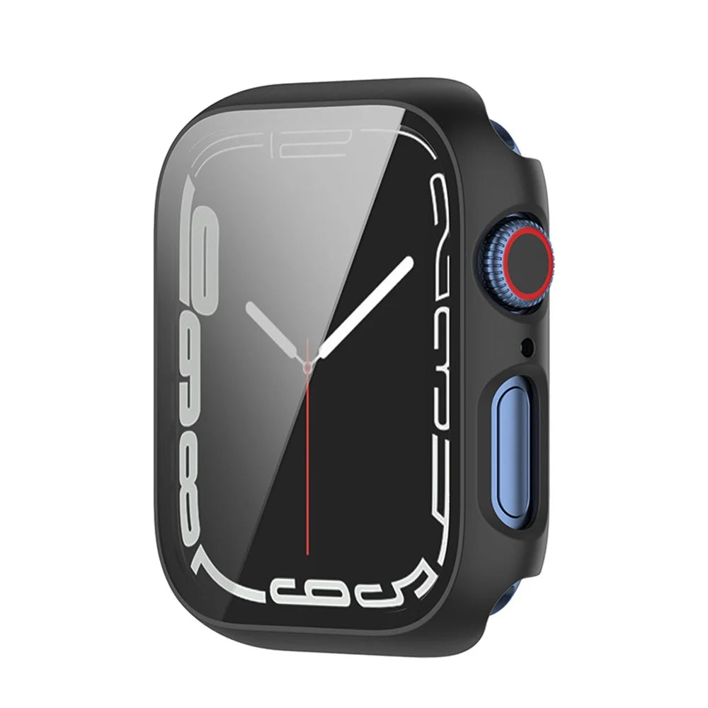 For Apple Watch Series 9 / 8 / 7 41mm Drop-proof PC Frame with Tempered Glass Screen Protector Integrated Watch Case - Black - 7