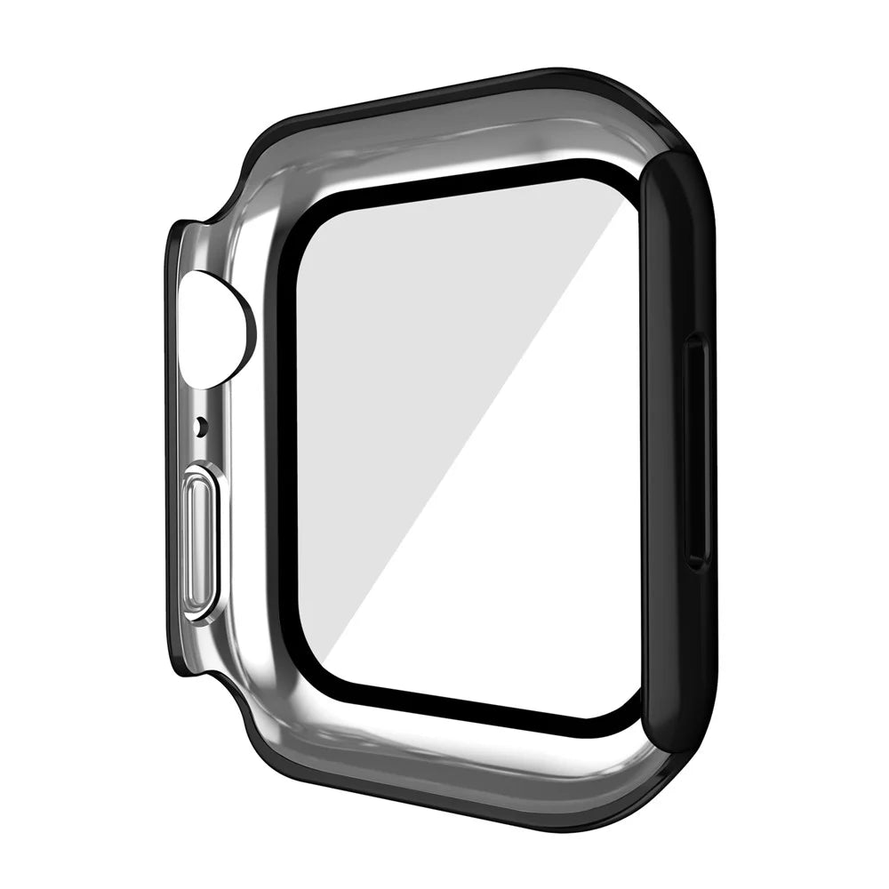 Electroplating PC Watch Case for Apple Watch Series 9 / 8 / 7 41mm Anti-fall Watch Cover with Tempered Glass Screen Protector - Black - 7