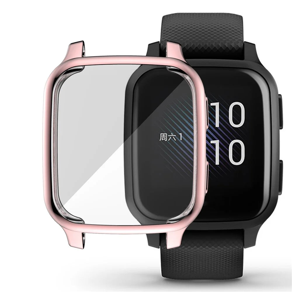 For Garmin Venu Sq Soft TPU Electroplated Frame Watch Case Full Protection Screen Protector Cover - Pink - 1