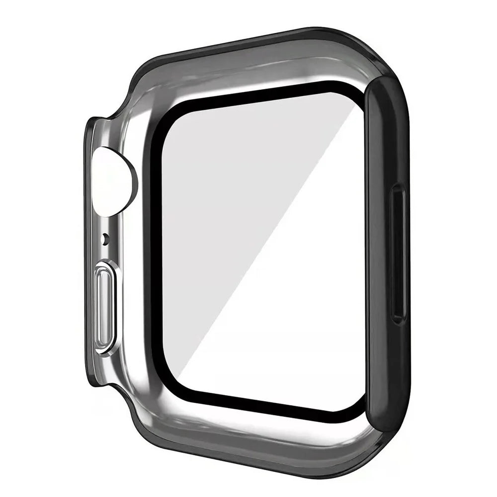 For Apple Watch Series SE3 / SE2 / SE1 / 6 / 5 / 4 44mm Dustproof Button Cover Electroplating Hard PC Watch Case with Tempered Glass Screen Protector - Black - 3