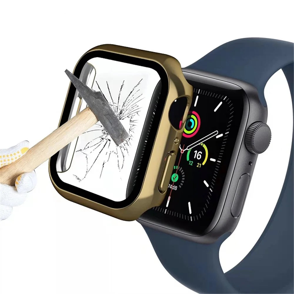For Apple Watch Series SE3 / SE2 / SE1 / 6 / 5 / 4 44mm Dustproof Button Cover Electroplating Hard PC Watch Case with Tempered Glass Screen Protector - Black - 7