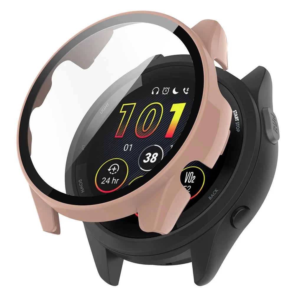 For Garmin Forerunner 265 Smart Watch PC Watch Case with Tempered Glass Screen Protector - Pink - 1