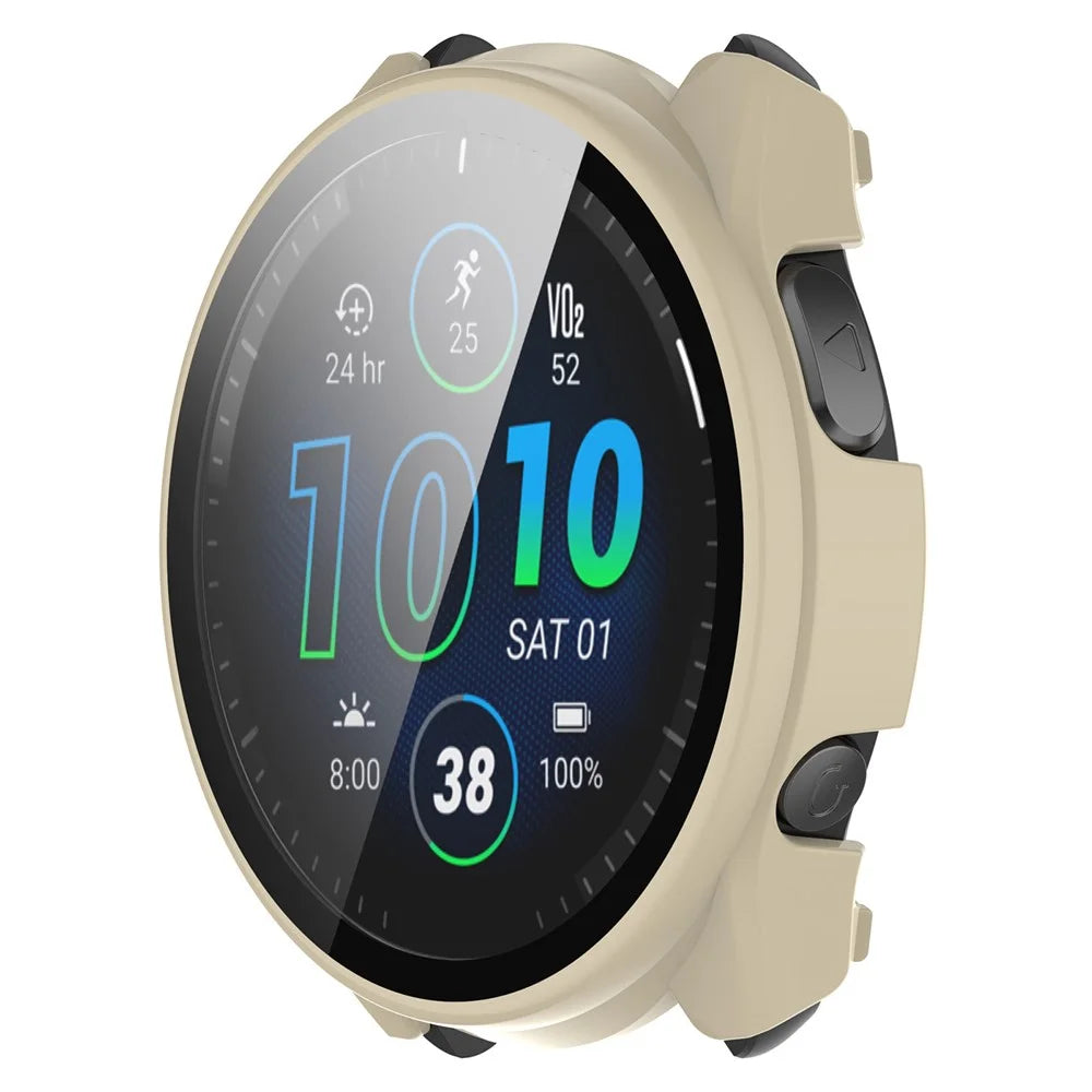 For Garmin Forerunner 965 Hard PC Watch Case Protective Frame with HD Tempered Glass Film - Ivory White - 4