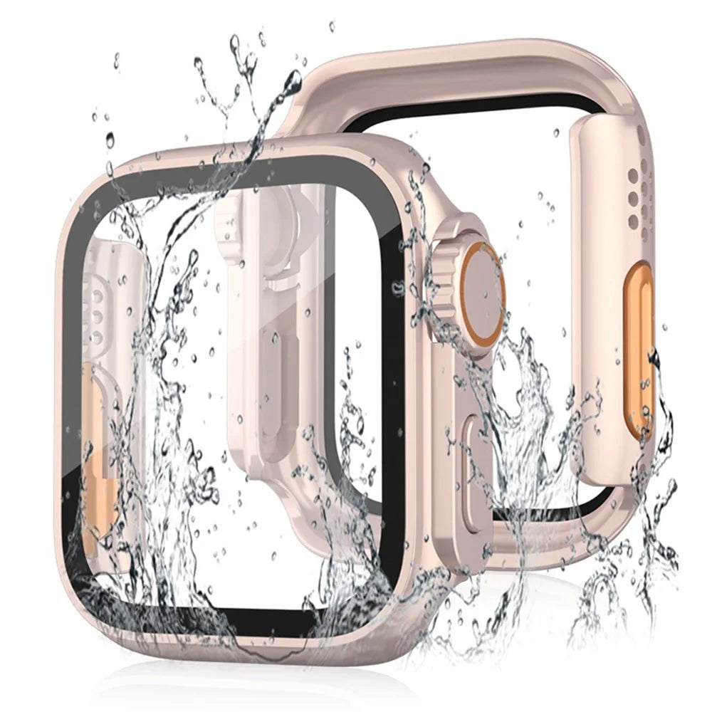 For Apple Watch Series SE3 / SE2 / SE1 / 6 / 5 / 4 40mm Waterproof Drop-proof PC Watch Case with Tempered Glass Screen Protector - Rose Gold - 1