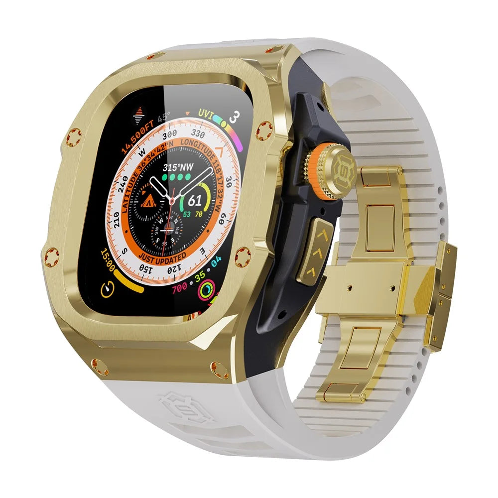 SHELLBOX For Apple Watch Ultra 3 / Ultra 2 / Ultra 49mm Metal Frame Case Smartwatch Strap - Gold+Black+White - 1