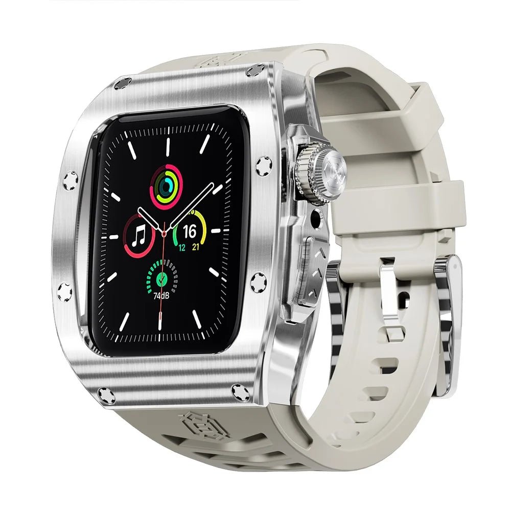 SHELLBOX For Apple Watch Series SE3 / SE2 / SE1 / 6 / 5 / 4 44mm / Series 7 / 8 45mm Metal Watch Case with Strap - Steel+White - 1