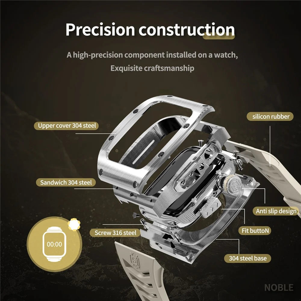 SHELLBOX For Apple Watch Series SE3 / SE2 / SE1 / 6 / 5 / 4 44mm / Series 7 / 8 45mm Metal Watch Case with Strap - Steel+White - 4