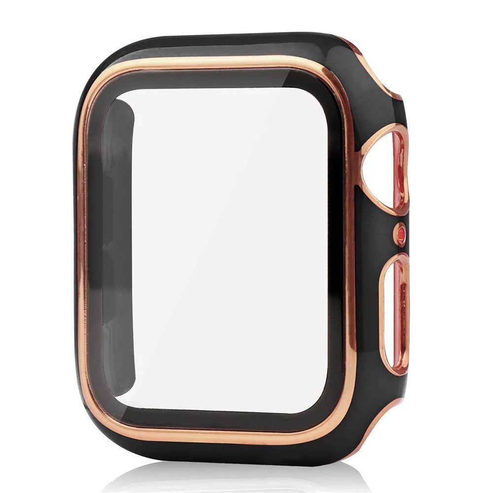 For Apple Watch Series 9 / 8 / 7 45mm Dual Color Electroplating Watch Case Built-in Tempered Glass Screen Protector Hard PC Overall Protective Cover - Black / Gold - 1