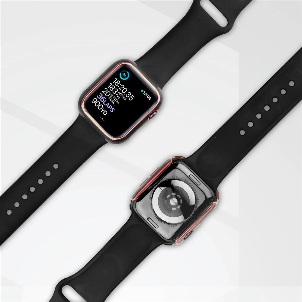 For Apple Watch Series 9 / 8 / 7 45mm Dual Color Electroplating Watch Case Built-in Tempered Glass Screen Protector Hard PC Overall Protective Cover - Black / Gold - 4