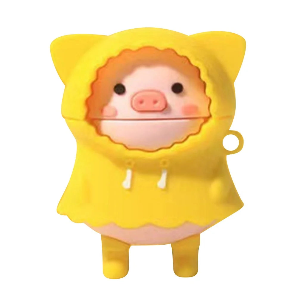 No.4 For Apple AirPods with Wireless Charging Case (2019) / AirPods with Charging Case (2019) (2016) Cartoon Pig Silicone Cover - Raincoat Pig - 1