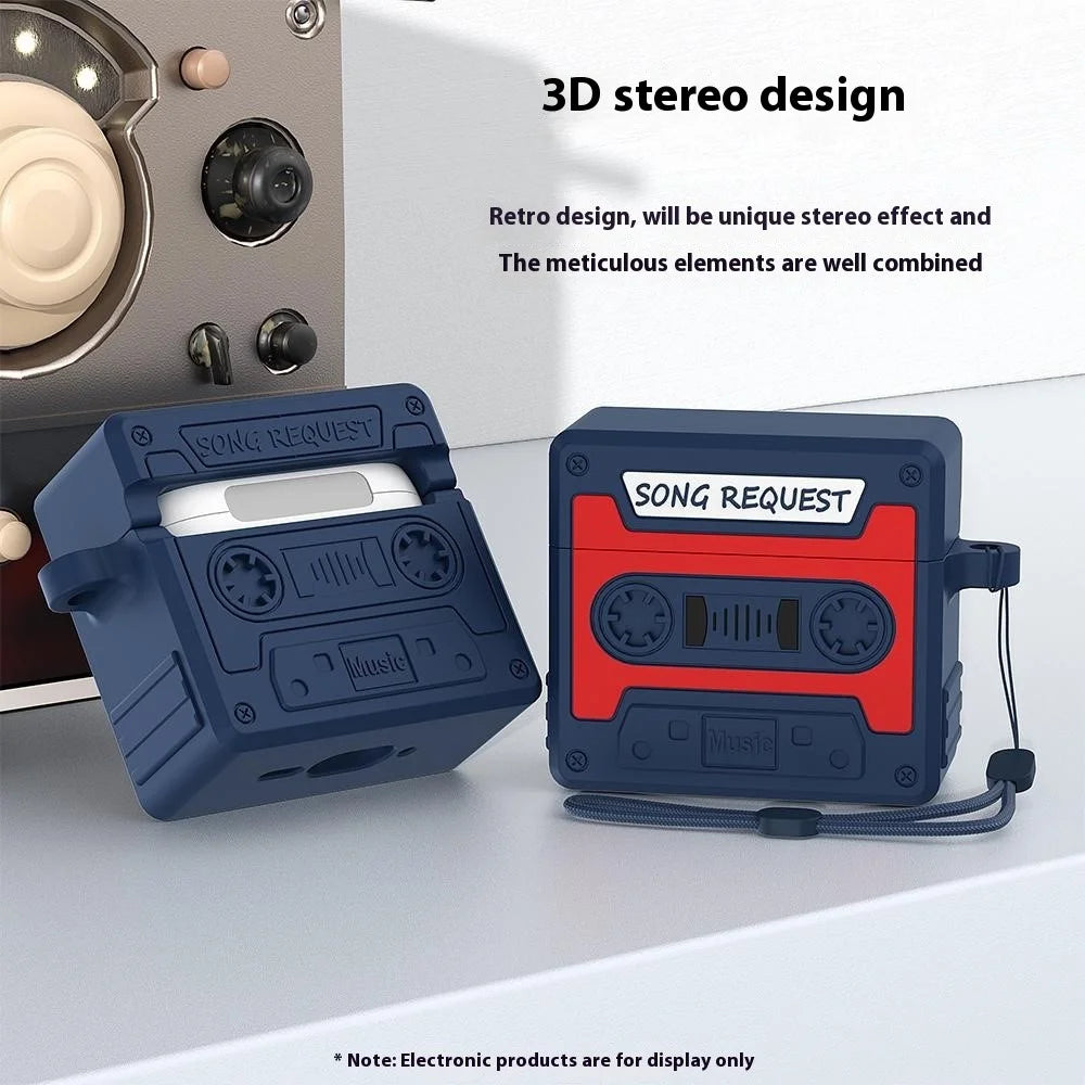 For AirPods 4 Case Cassette Tape Design Portable Liquid Silicone Earbuds Cover with Strap - Orange - 5