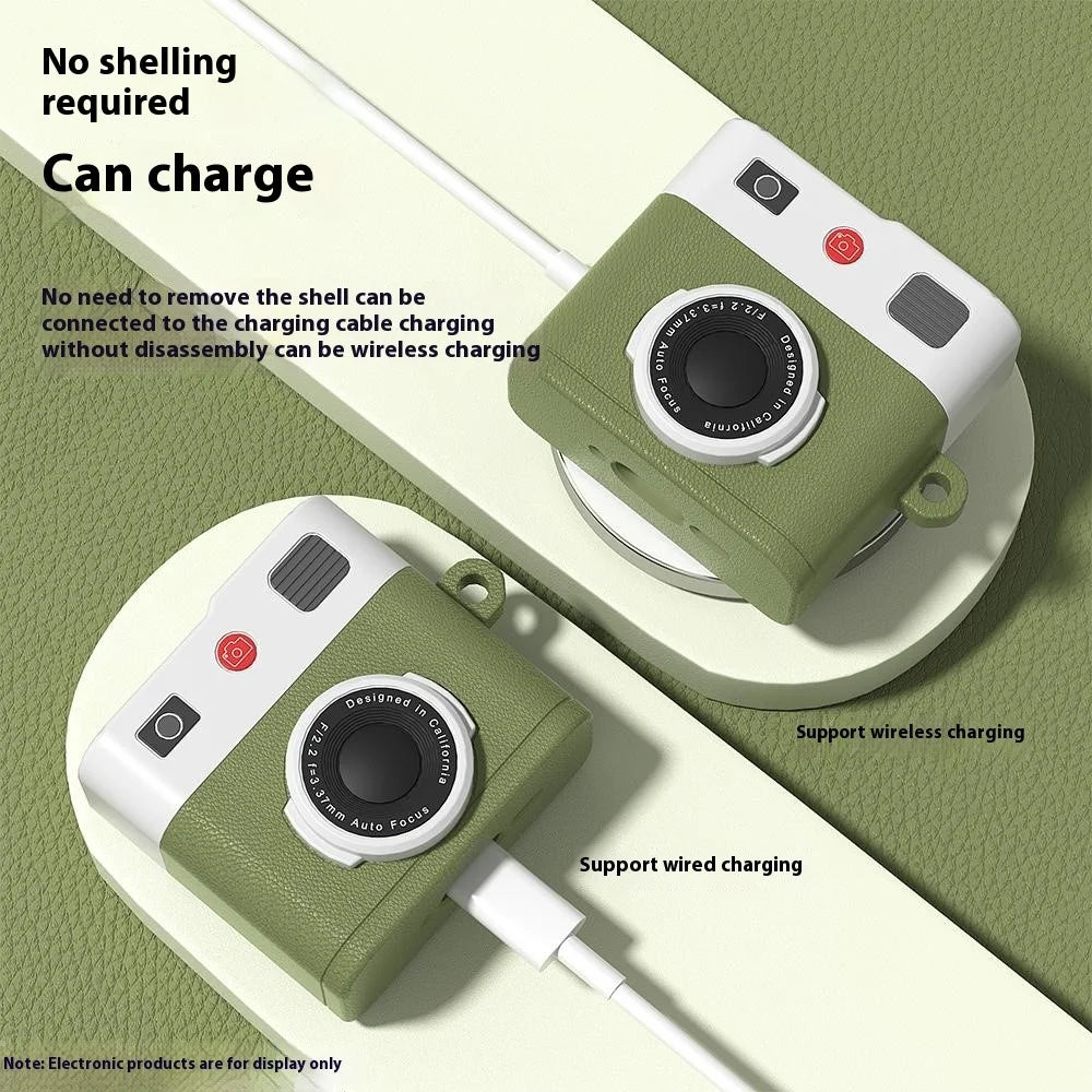 For AirPods 4 Case Retro Camera Design Liquid Silicone Earbuds Carrying Cover with Carabiner - Brown - 4