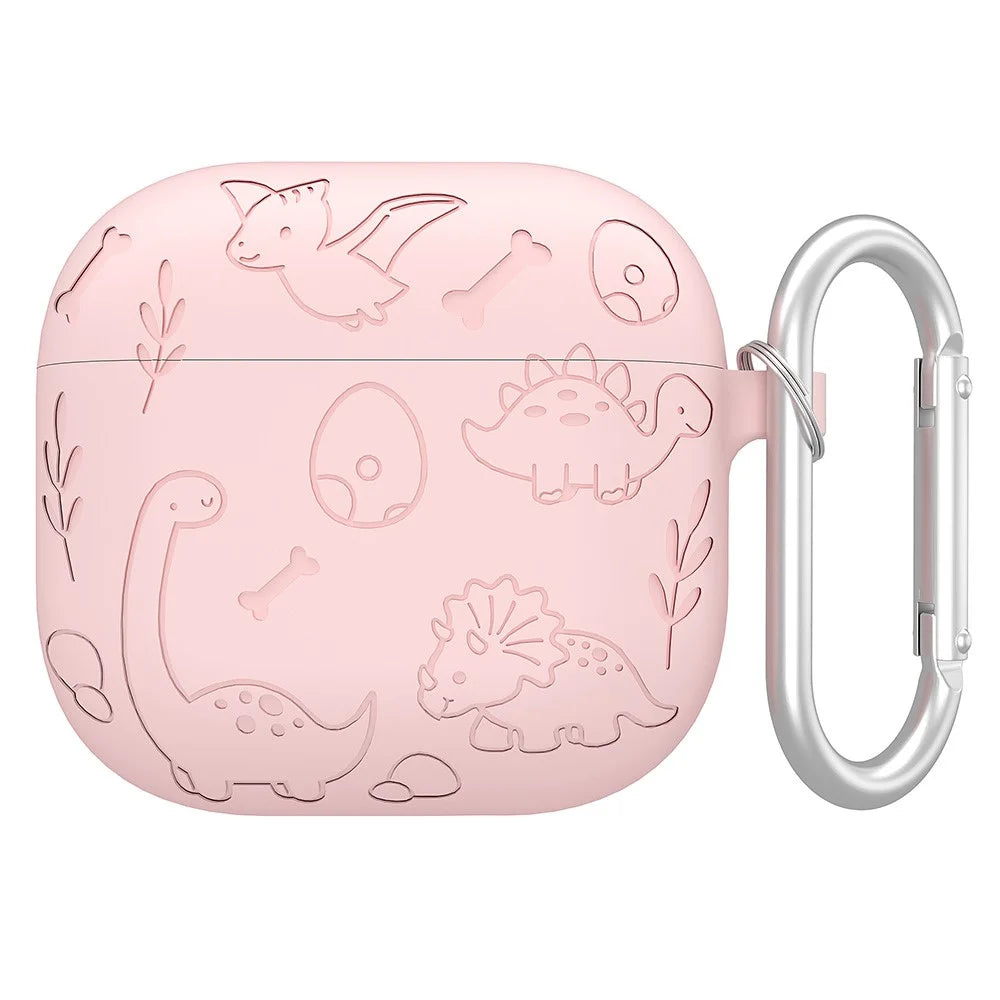 For AirPods 4 Case Unique Dinosaur Design Liquid Silicone Earphone Cover with Carabiner - Light Pink - 1