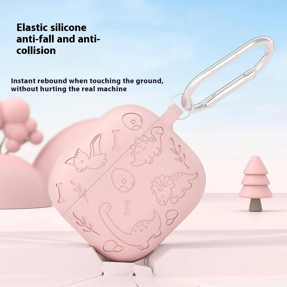 For AirPods 4 Case Unique Dinosaur Design Liquid Silicone Earphone Cover with Carabiner - Light Pink - 2