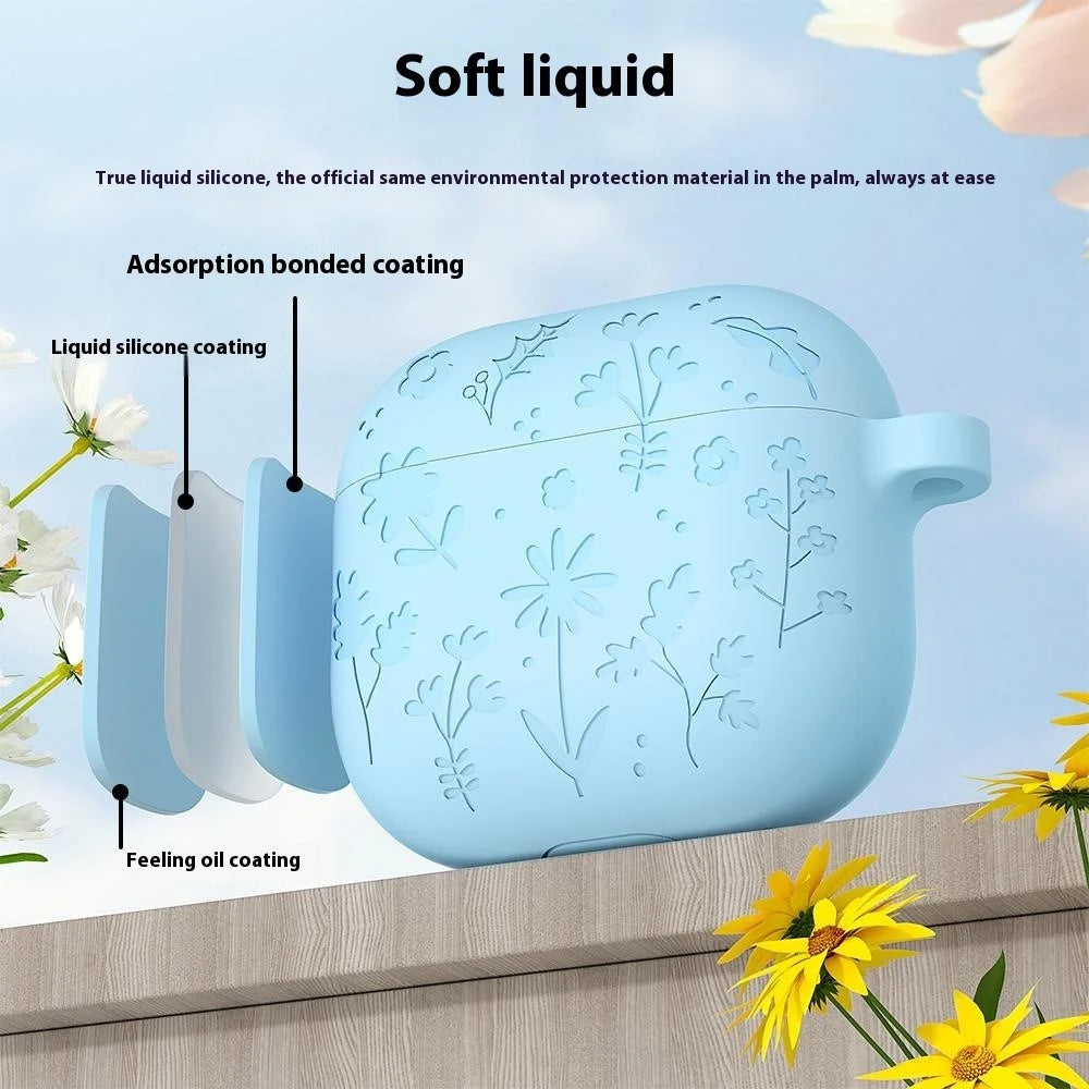 For AirPods 4 Case Floral Pattern Liquid Silicone Earphone Cover with Carabiner - Matcha Green - 5