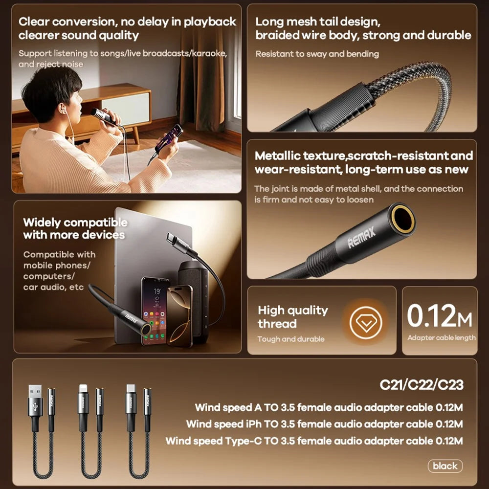 REMAX C21 0.12M USB to 3.5mm Female Audio Adapter Cable / Converter Aluminum Alloy Braided Wire - 3