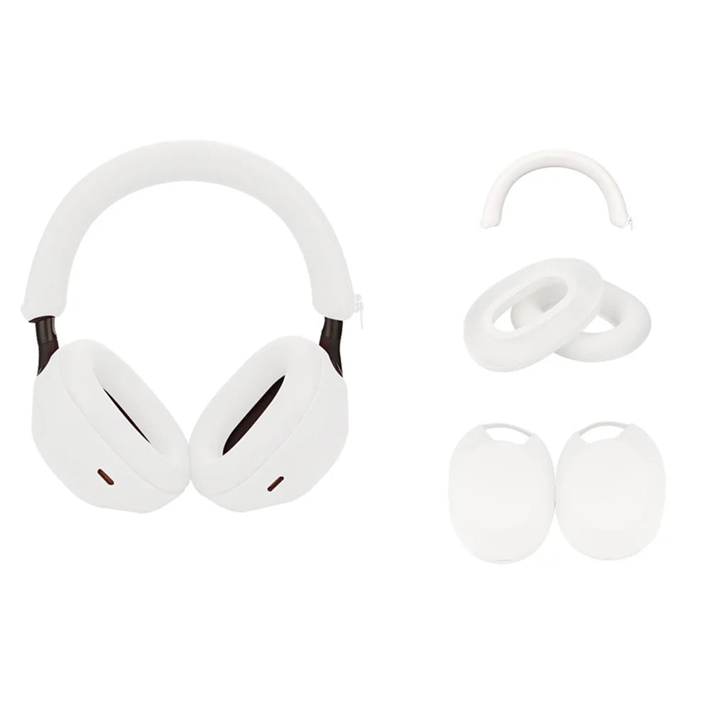For Sony WH-1000XM5 Headphones Protection Set Headband Cover + Outer Earcup Cover + Earmuff Silicone Case - White - 1
