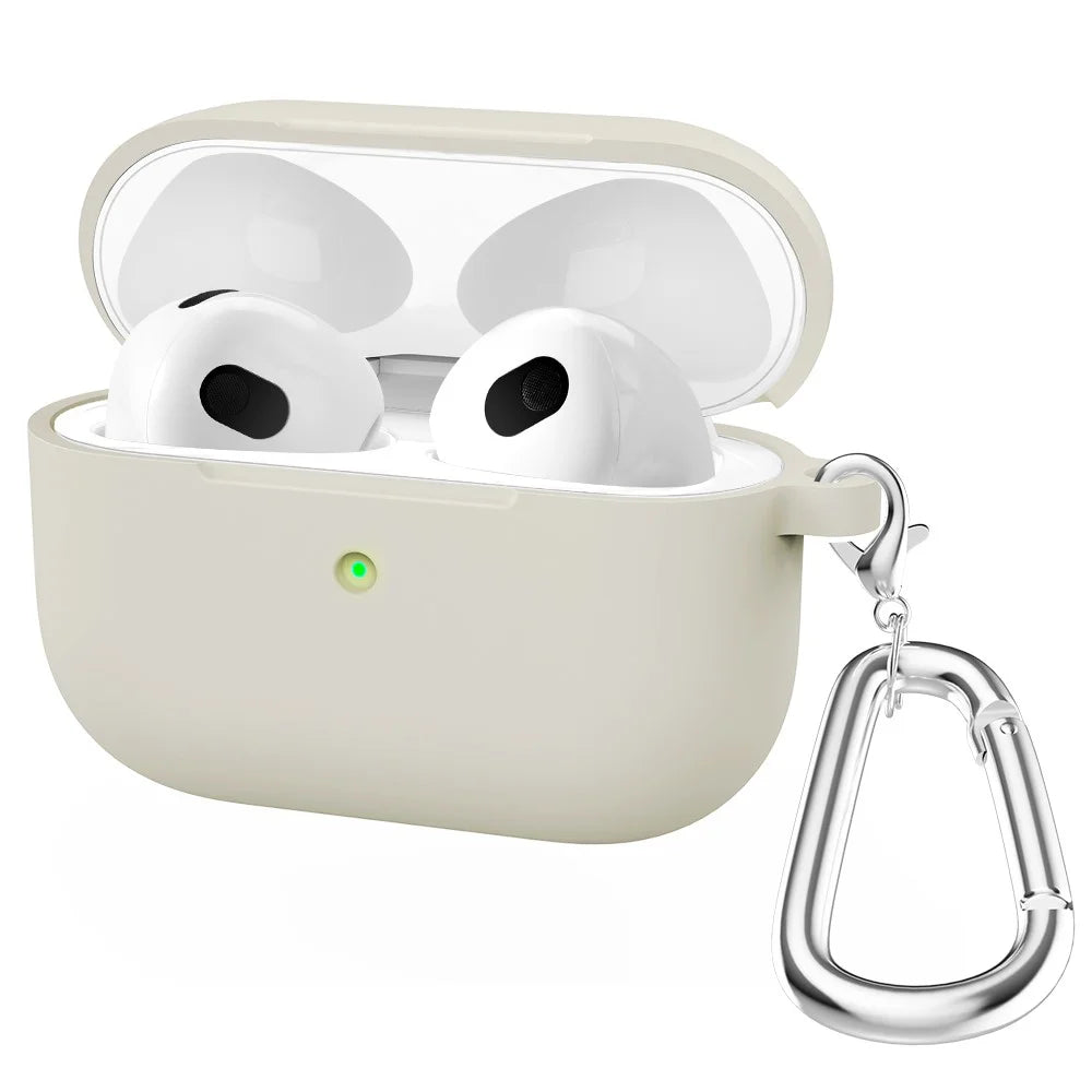 For Apple AirPods 3 Silicone Protective Earphone Case Cover with Carabiner - Beige - 1