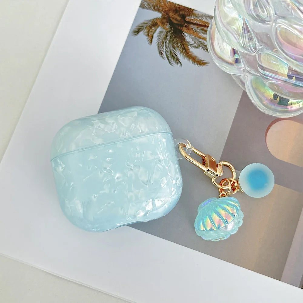For AirPods 4 Protective Case TPU Earphone Cover with Pearl and Seashell-Shaped Charm - Blue - 2