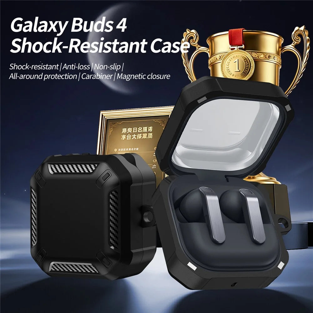 For Samsung Galaxy Buds4 / Buds4 Pro Case with Carabiner Dual-color Armor Magnetic Closure PC + TPU Earphone Cover - Black - 3