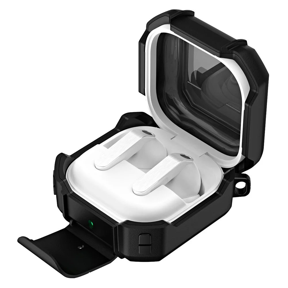 For Samsung Galaxy Buds4 / Buds4 Pro Earphone Case TPU PC Phone Stand Lock Buckle Shockproof Protective Cover with Carabiner - Black - 2