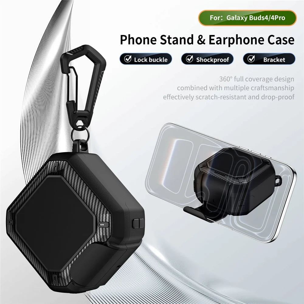 For Samsung Galaxy Buds4 / Buds4 Pro Earphone Case TPU PC Phone Stand Lock Buckle Shockproof Protective Cover with Carabiner - Black - 4