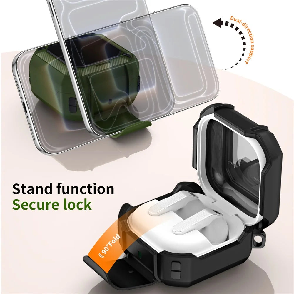 For Samsung Galaxy Buds4 / Buds4 Pro Earphone Case TPU PC Phone Stand Lock Buckle Shockproof Protective Cover with Carabiner - Black - 6