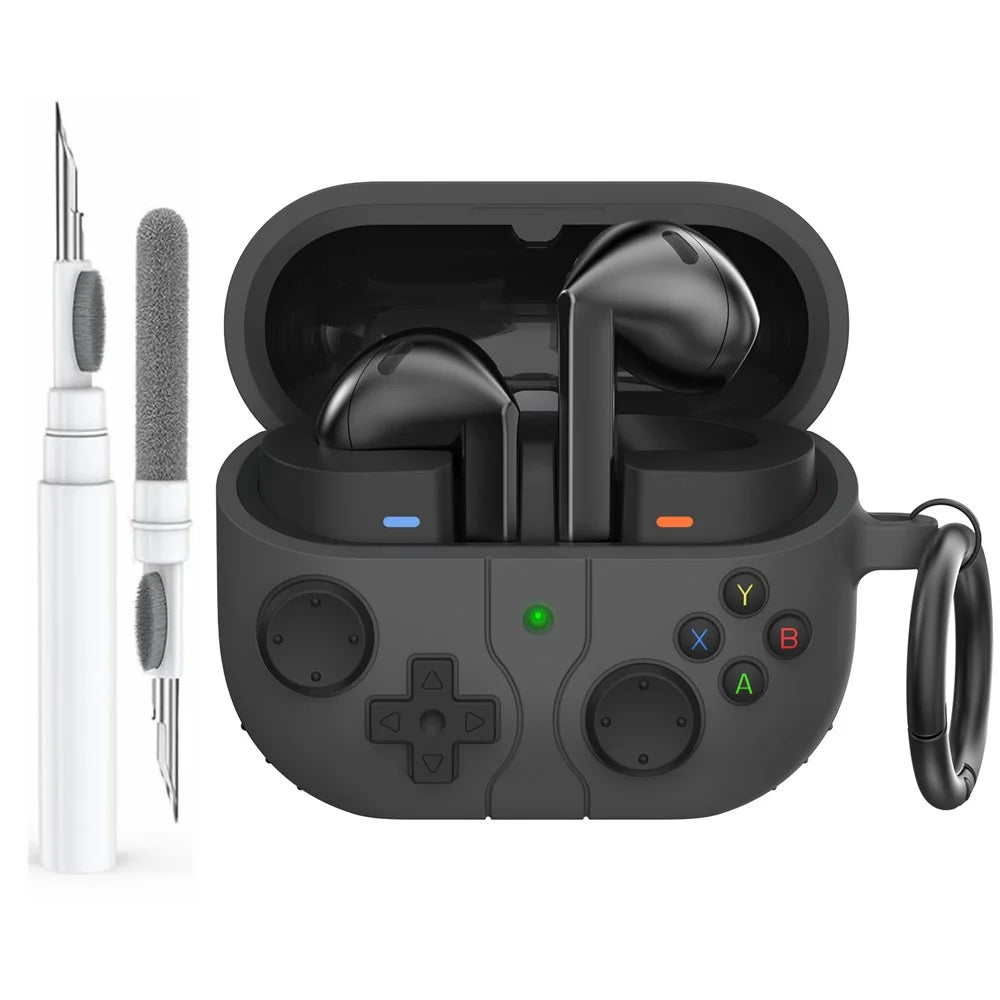 AHASTYLE WG170 Protective Case for Samsung Galaxy Buds3 / Buds3 Pro / Buds3 FE Gamepad Style Silicone Cover with Cleaning Pen Kit - Black - 1