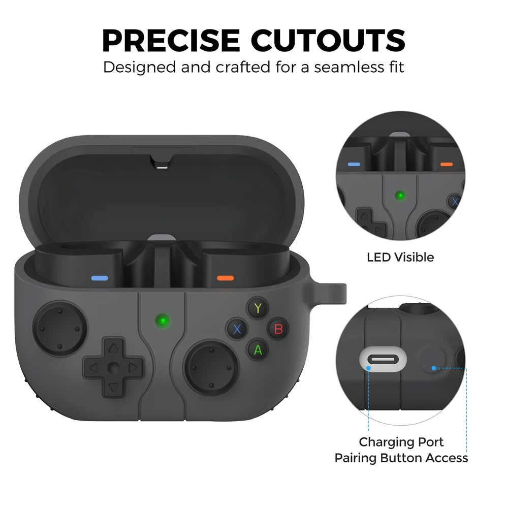 AHASTYLE WG170 Protective Case for Samsung Galaxy Buds3 / Buds3 Pro / Buds3 FE Gamepad Style Silicone Cover with Cleaning Pen Kit - Black - 2