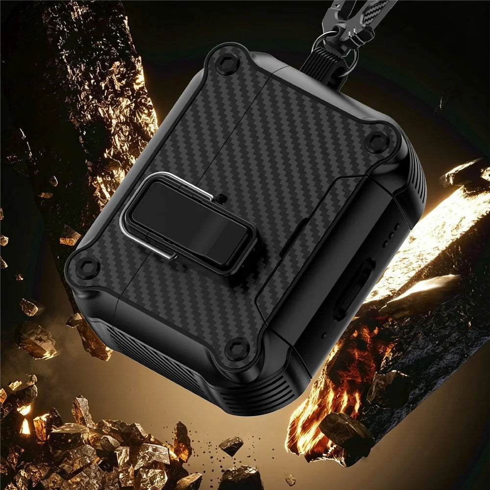 For AirPods Pro 2 Earphone Case Carbon Fiber Texture Phone Stand TPU + PC Magnetic Protective Cover with Carabiner - Black - 6