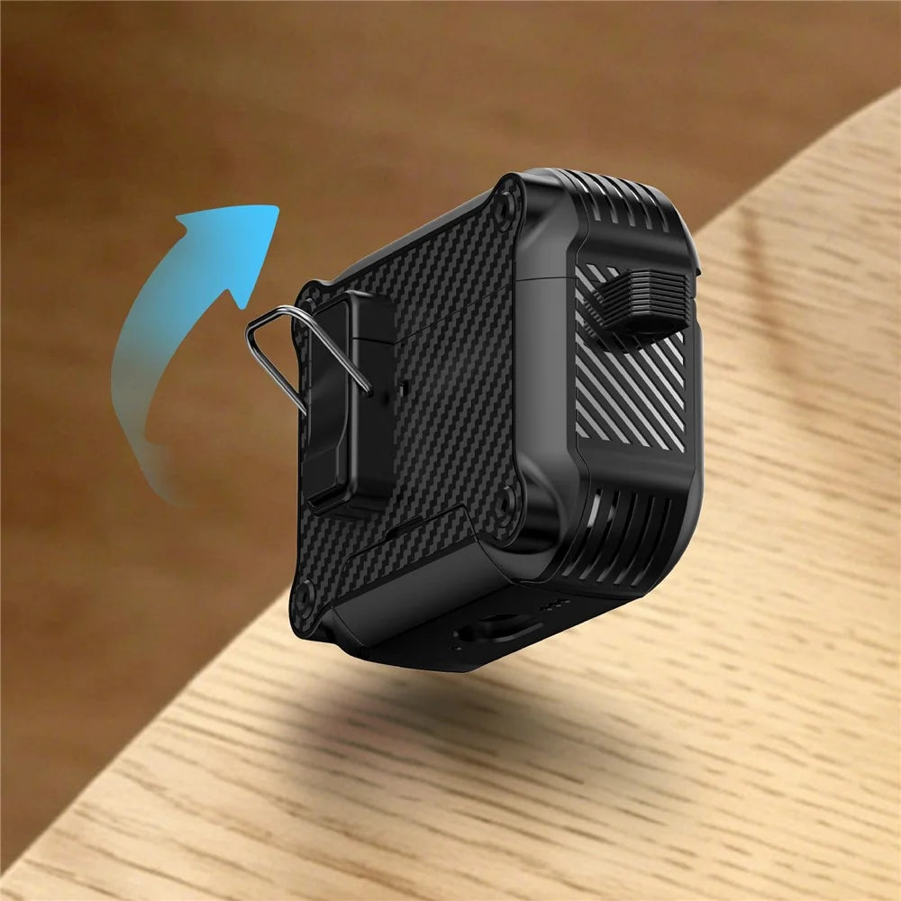 For AirPods Pro 3 Earphone Case Carbon Fiber Texture Phone Stand TPU + PC Magnetic Protective Cover with Carabiner - Black - 3