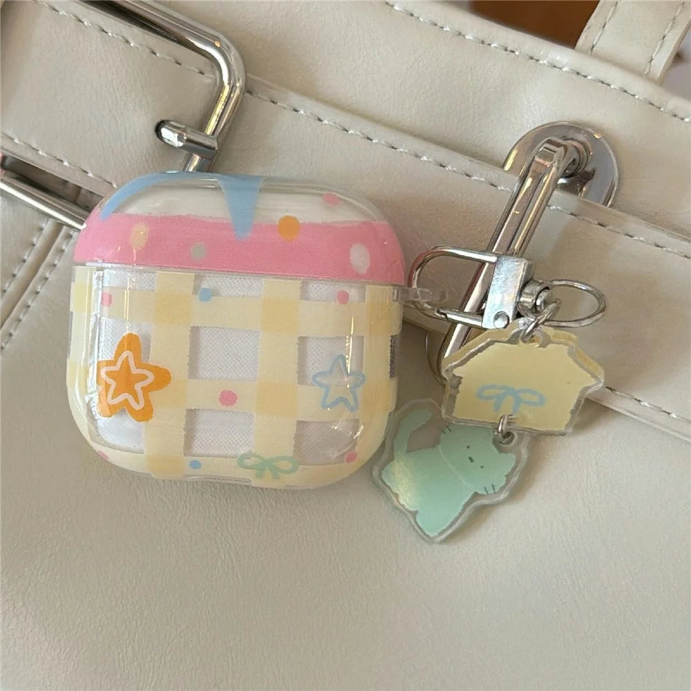 For AirPods Pro 3 Case Yellow Grid Stars Pattern TPU Protective Cover with Pendant Buckle - 7