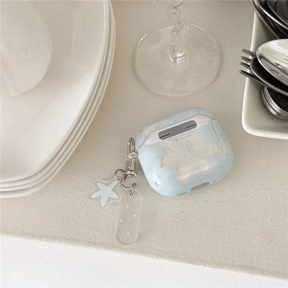 Case for AirPods Pro / Pro 2 Lily Floral Pattern TPU Protective Cover with Carabiner Clip and Star Charm - 5