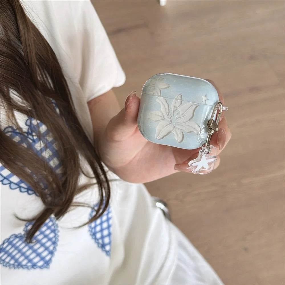 Case for AirPods Pro / Pro 2 Lily Floral Pattern TPU Protective Cover with Carabiner Clip and Star Charm - 7