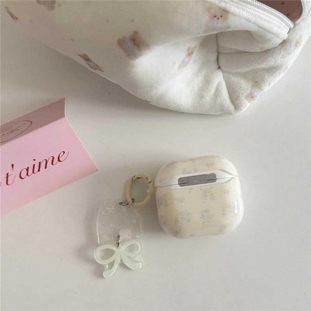 Tiny Floral Case for AirPods Pro / Pro 2 TPU Protective Cover with Bow Charm & Buckle Clip - 4