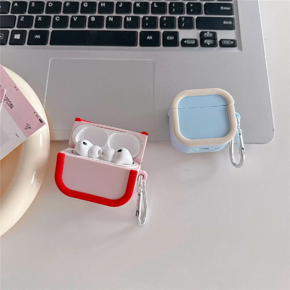 Silicone Case for Apple AirPods 4 Charging Case Macaron Color Blocking Protective Cover with Metal Carabiner - Pink+Red - 3