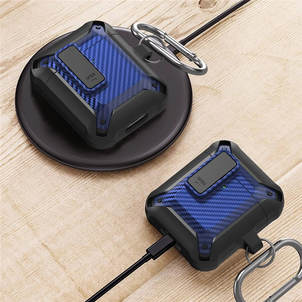 Portable 2 in 1 TPU + PC Frame Earbuds Case Cover Shock-resistant Earphone Charging Case Cover Anti-drop Protective Case with Buckle for AirPods 1/2 - Black/Blue - 4