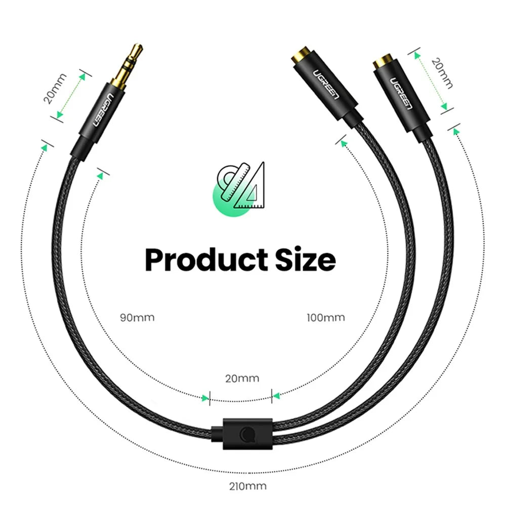 UGREEN 3.5mm Audio Splitter Extension Cable 3.5mm Jack 1 Male to 2 Female Mic Y Splitter for Laptop Headphone Aux Cable - 6