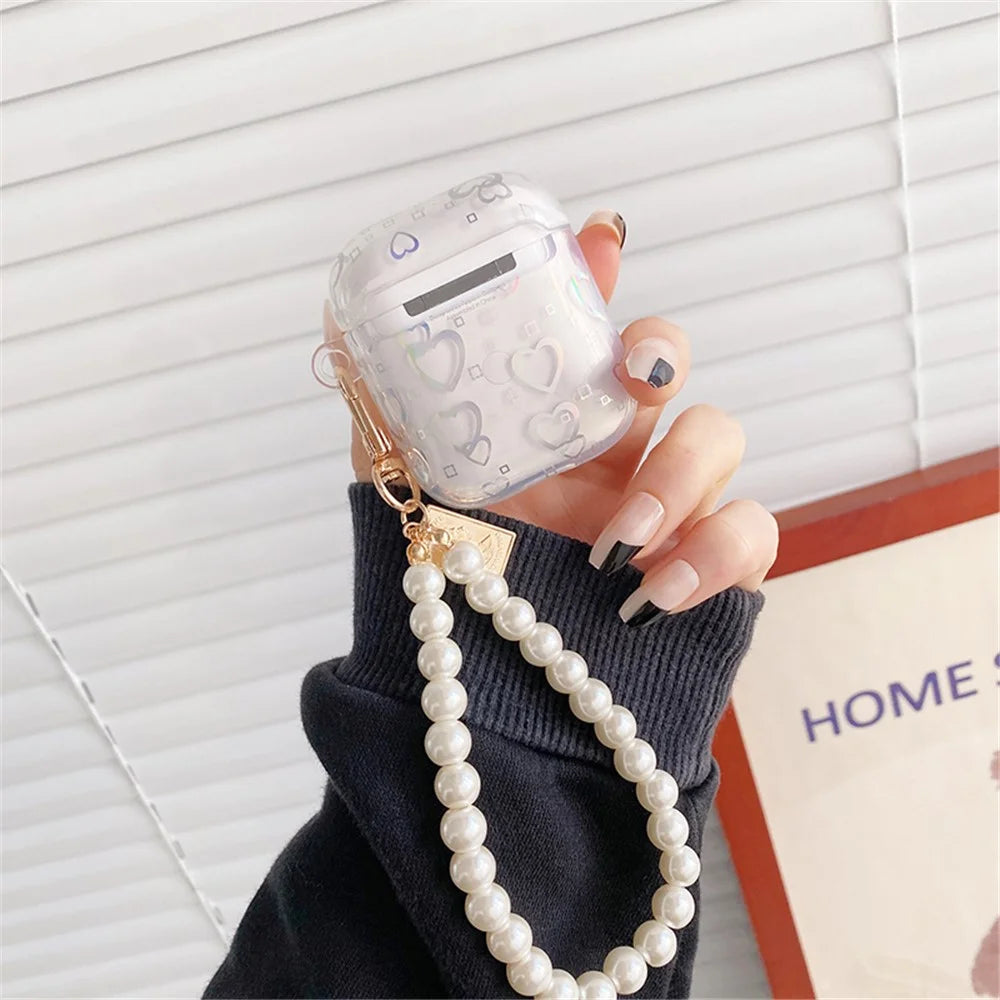 For Apple AirPods with Charging Case (2016)/(2019) / AirPods with Wireless Charging Case (2019) TPU Protective Cover Electroplating Transparent Love Heart Pattern Earphone Case Sleeve with Bracelet - 3